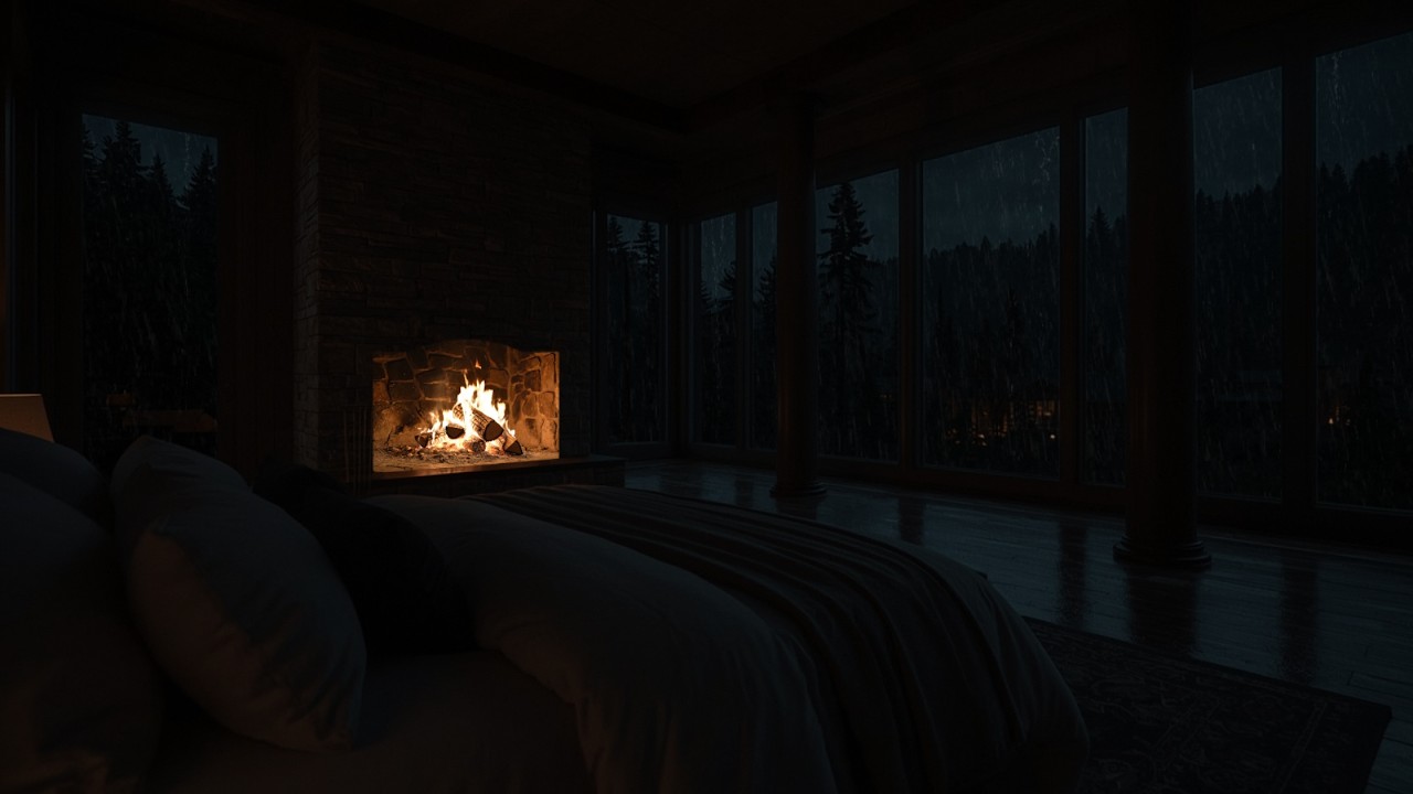 Cabin Night and Warm Fireplace | Rainy Forest Ambience for Deep Sleep & Relaxation