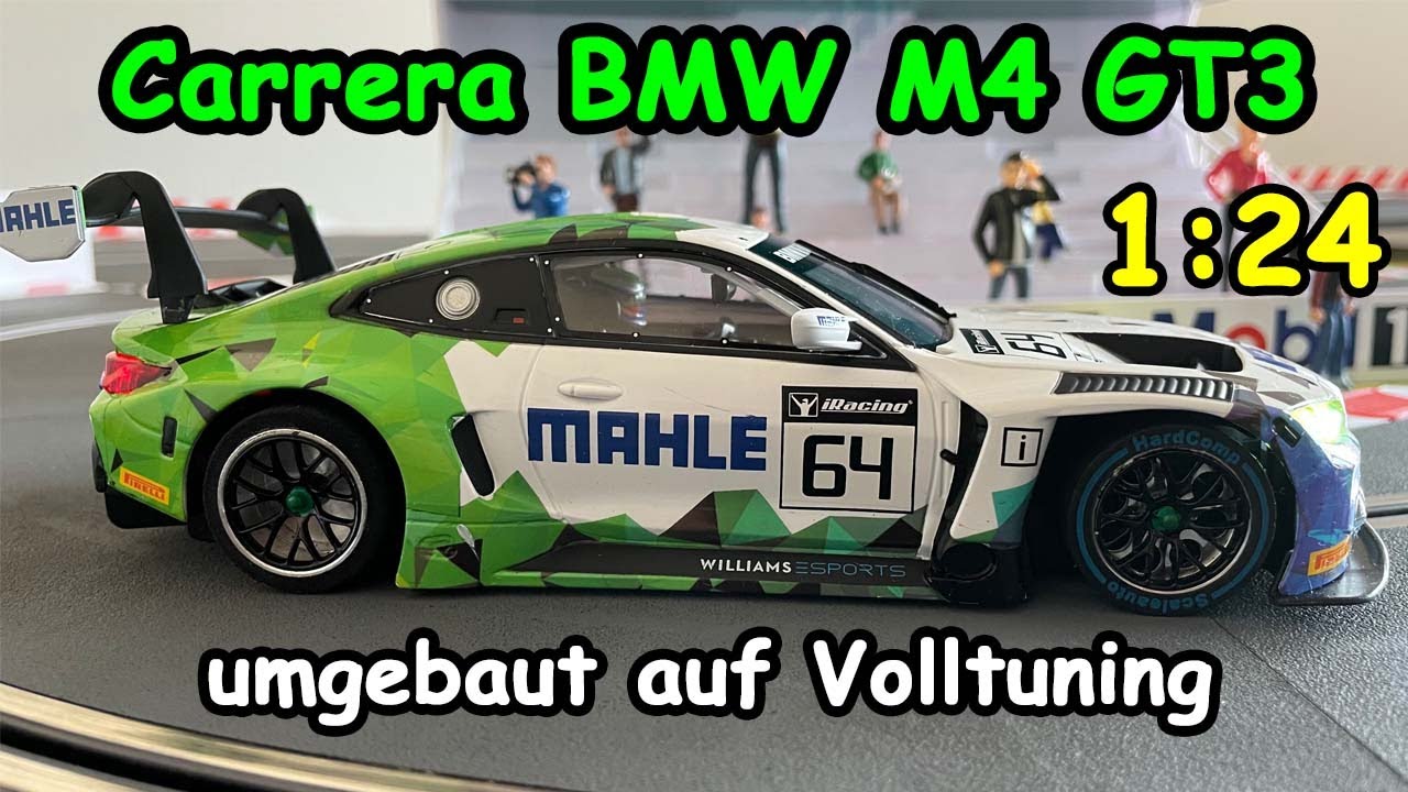 Carrera BMW M4 umgebaut auf Volltuning - liegt schon gut auf der Schiene