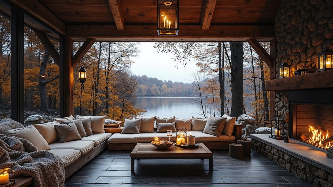 Уютный Верандный Джаз и Расслабляющая Осенняя Атмосфера Камина с Видом на Озеро 🔥