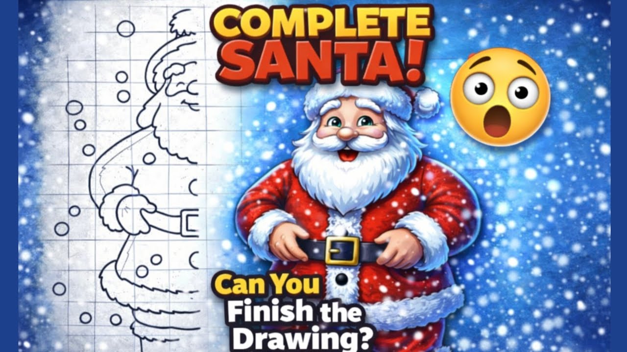 Finish the Santa Drawing. Easy Art Challenge for Kids