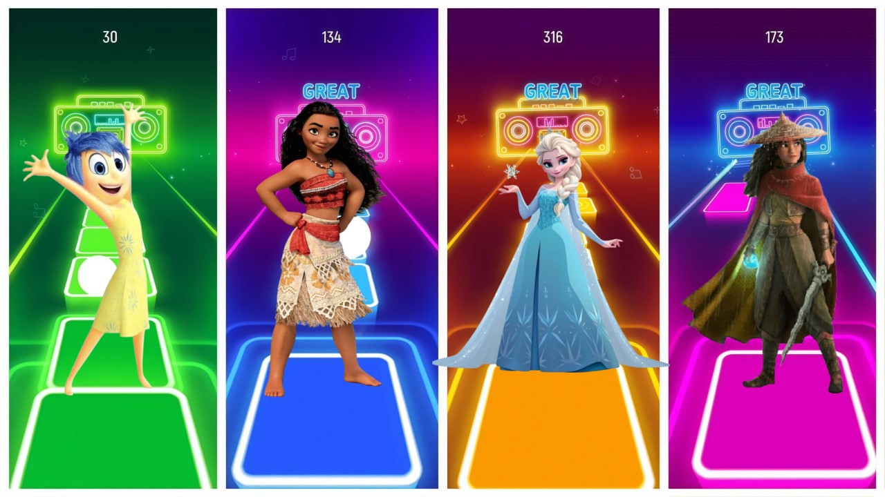 Inside Out 🆚Moana 🆚Frozen 🆚Raya an the last dragon Tiles Hop EDM Rush🎶| Who Is Best?