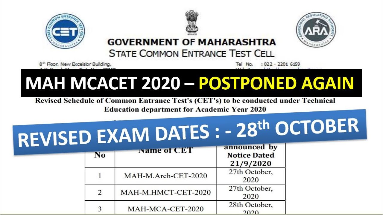 MAH MCACET 2020 -Exam Date POSTPONED AGAIN : - New date is 28th October