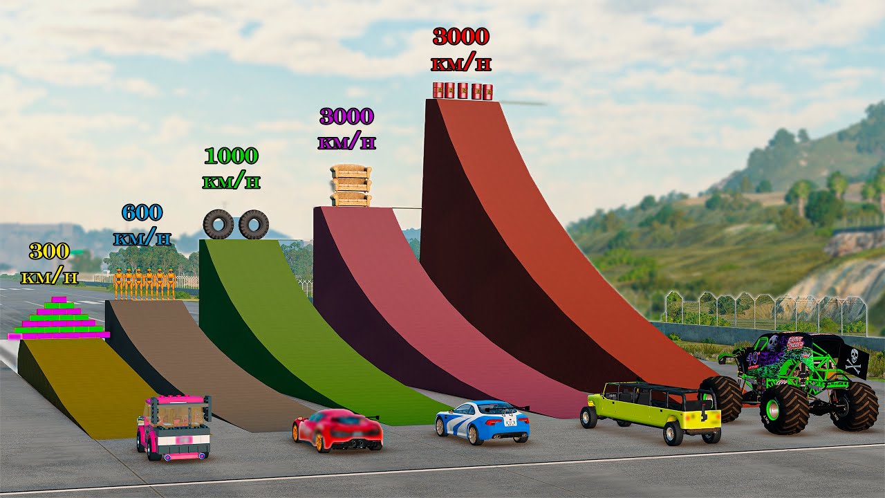 Monster Trucks VS Boost Ramps and Obstacles - Monster Truck  Crashes