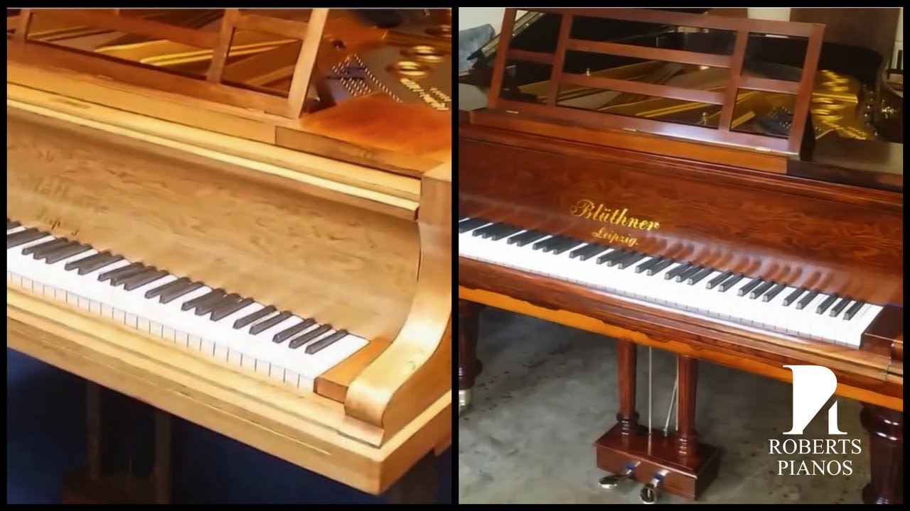 BEFORE AND AFTER: Bluthner 6ft 3in grand repolished and original legs and lyre replaced.