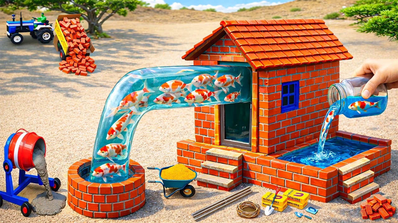 DIY Construction Science Project - Building a Modern Fish House and Pool Tank with Brick and Cement