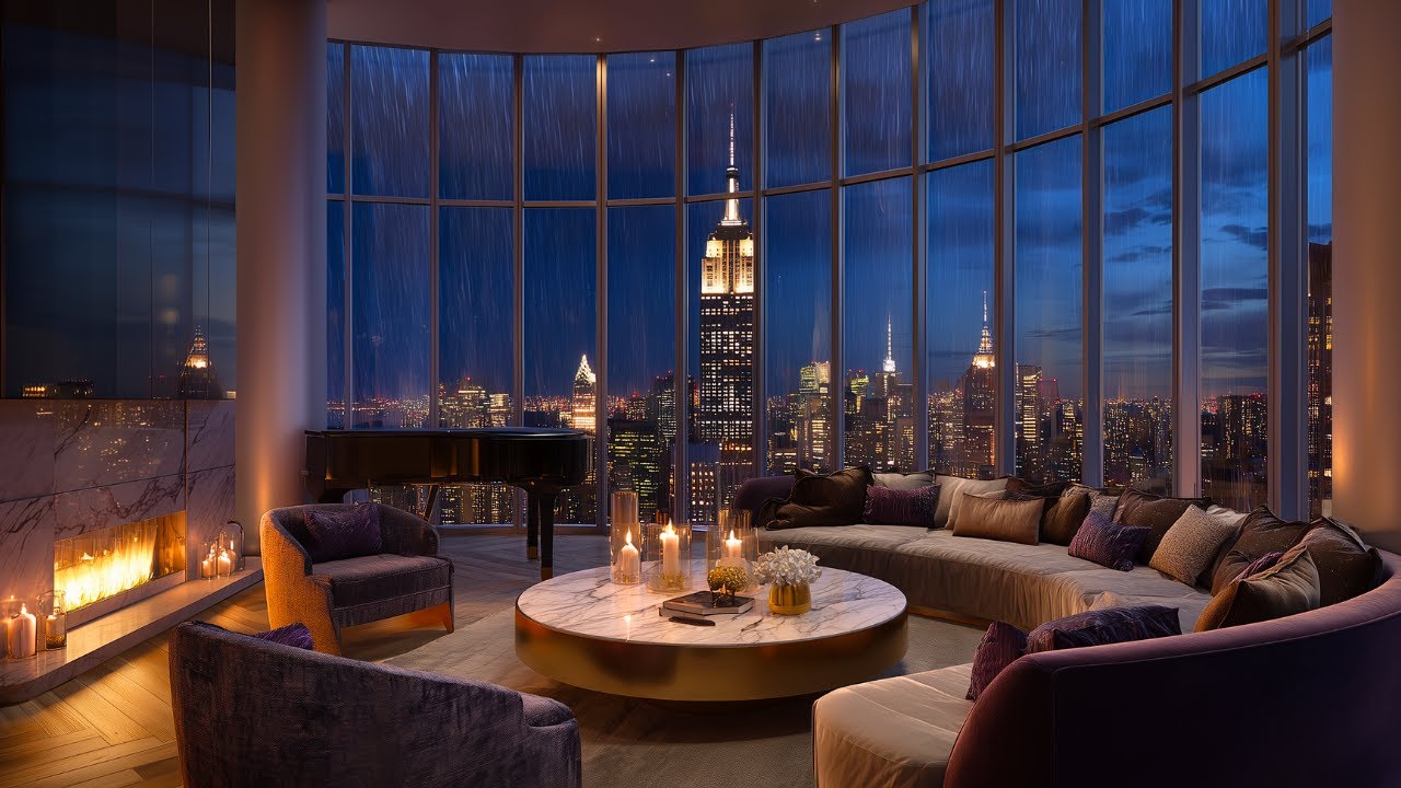 Rainy Night in a Luxury New York City Apartment 🌧 Soft Piano Jazz, Fireplace crackle for Relaxing