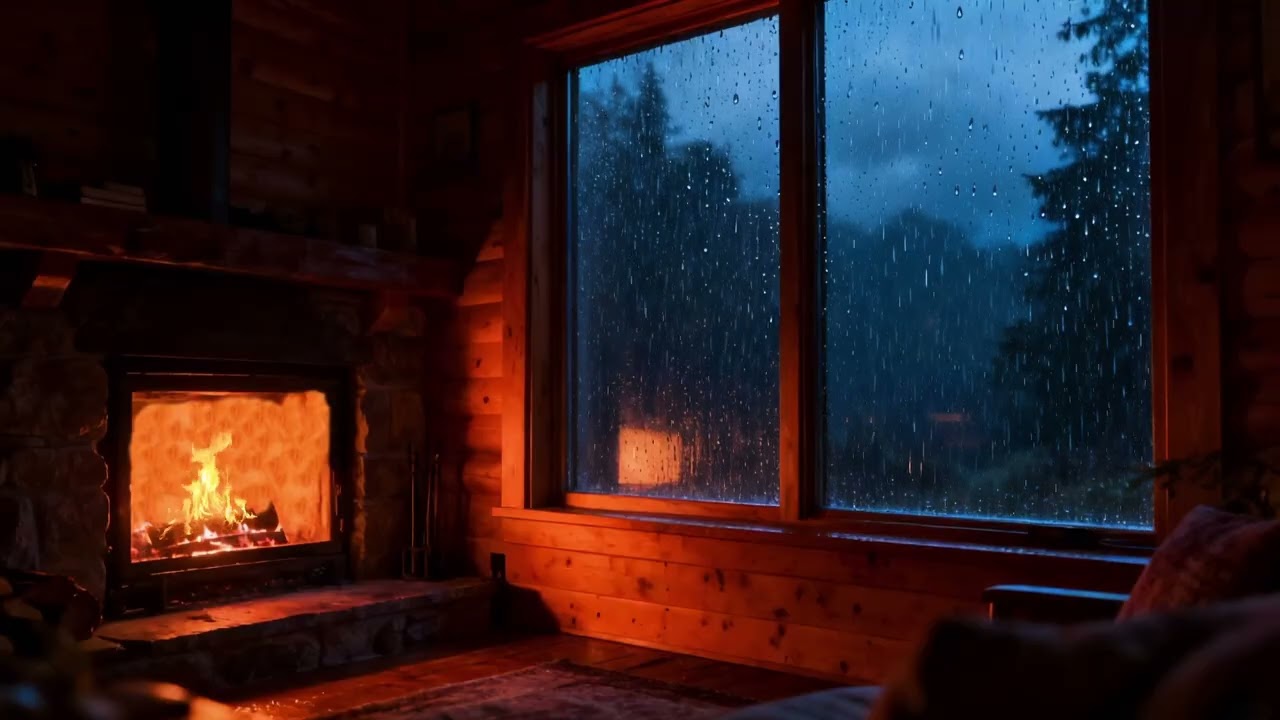 Warm Fireplace with Rain and Thunder Sounds for a Calm Night