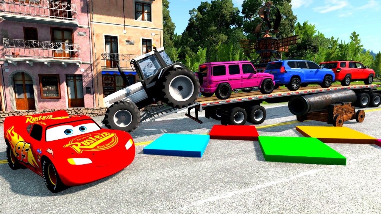 Flatbed Trailer McQueen Transportation with Truck - Speedbumps vs Cars vs Train - BeamNG.Drive #8