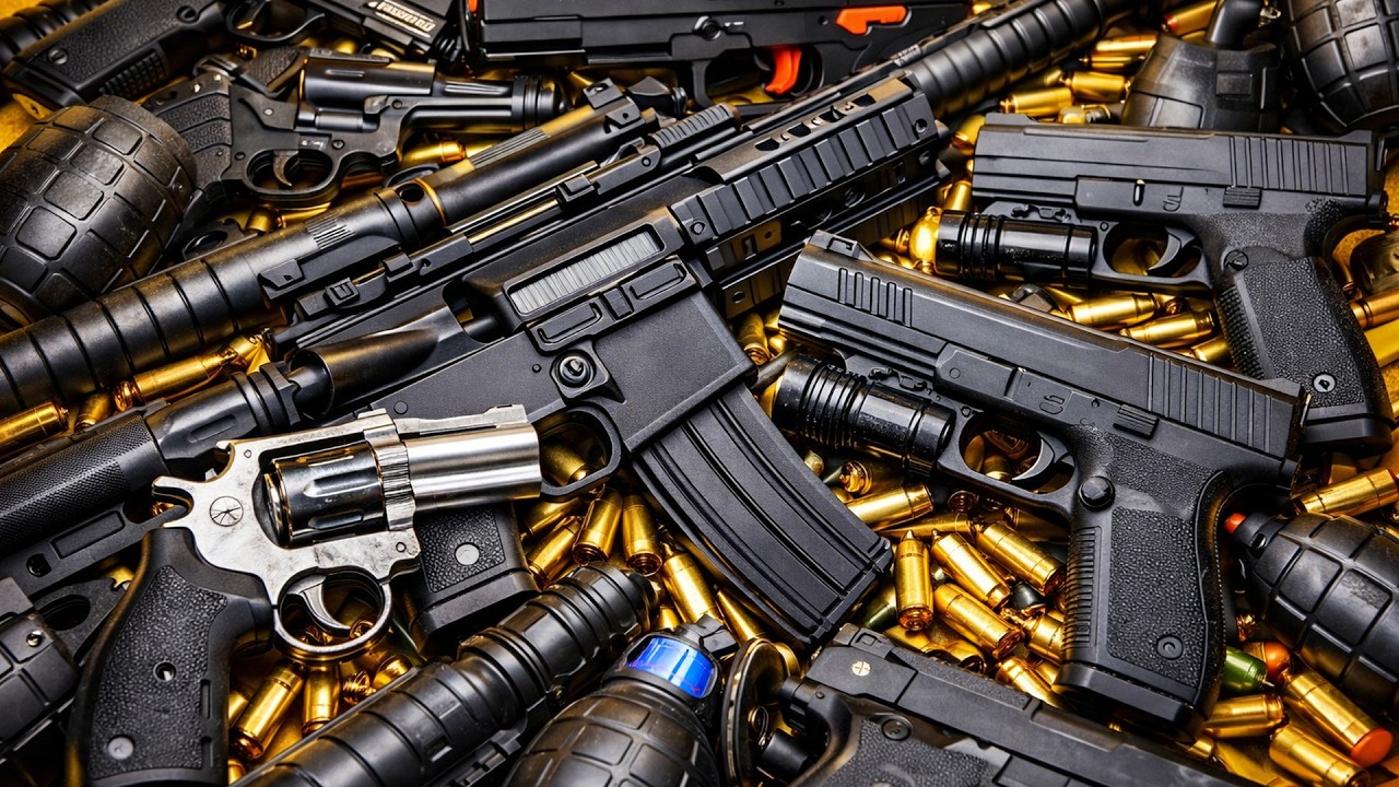 Коробка с черным Arisofts и игрушечным пистолетом - BB Colt / SigSauer / Greande / Compass / CapGun