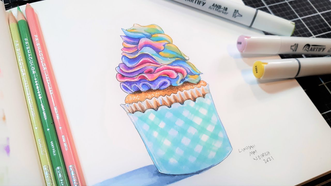 How to Draw a Cupcake with Alcohol Markers & Colored Pencils