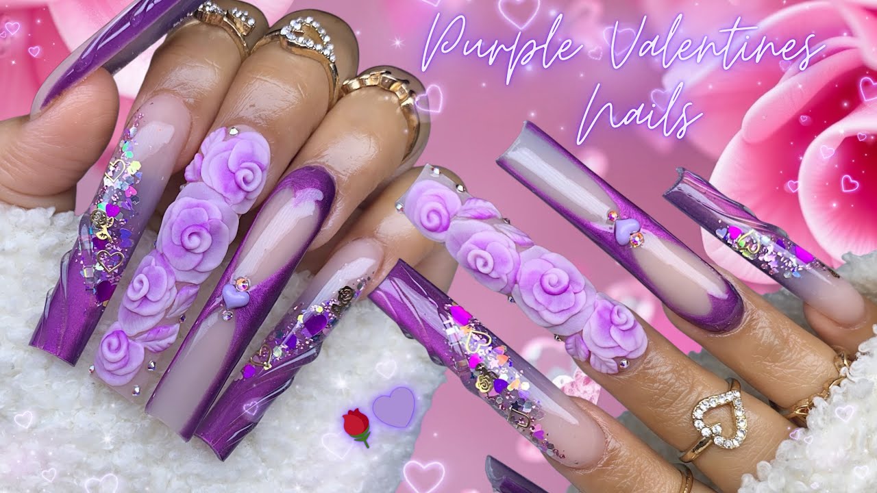 Фиолетовые ногти «кошачий глаз» и 3D розы 🌹💜 / Акриловые ногти ко Дню святого Валентина