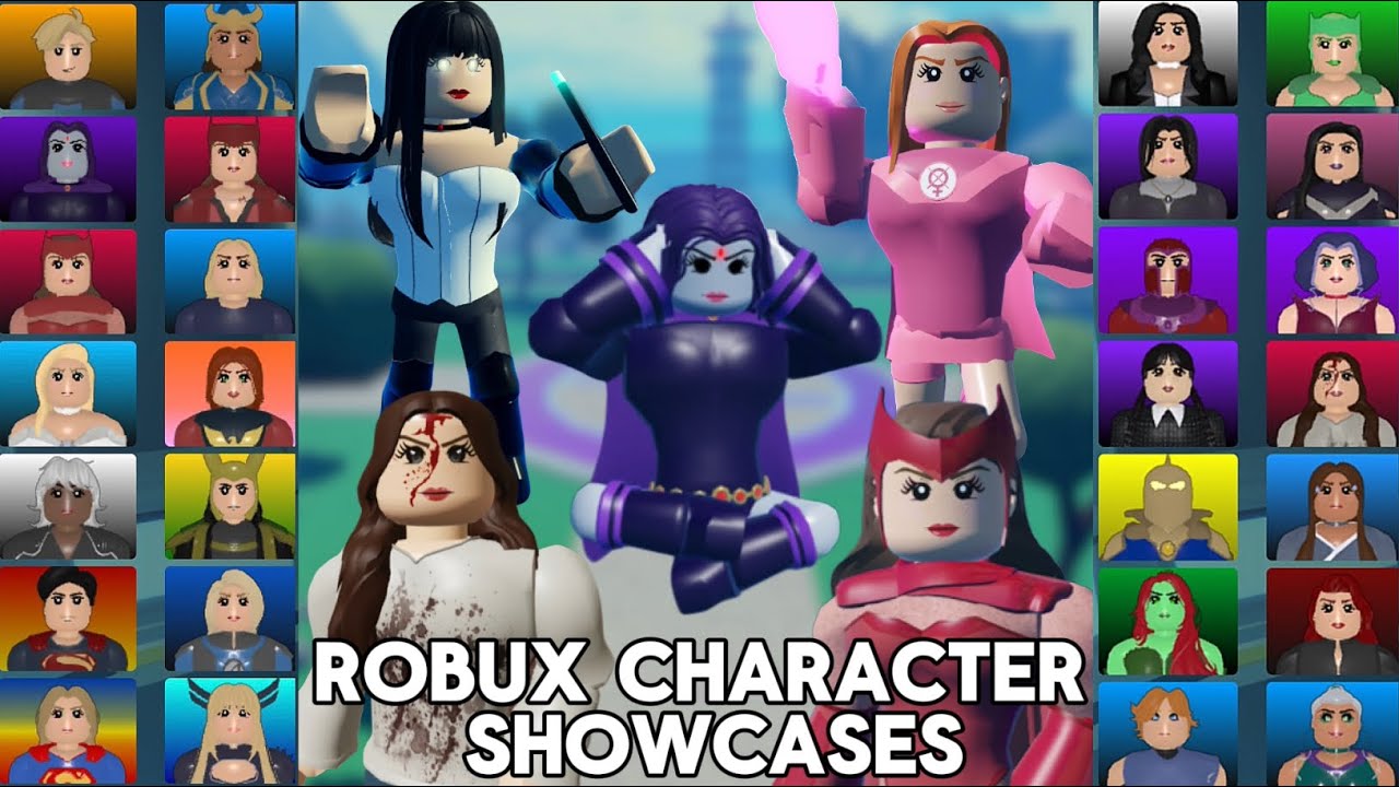 Robux character showcases (mostly base, some skins). Heroes online world roblox