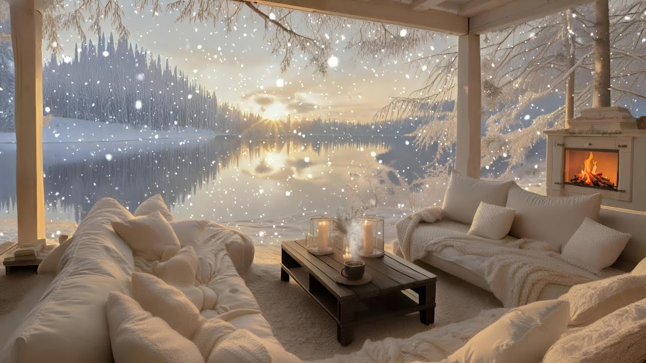 January Winter Morning Ambience ☕ ❄️ Piano Jazz Music & Fireplace 🔥 Cozy Coffee Porch