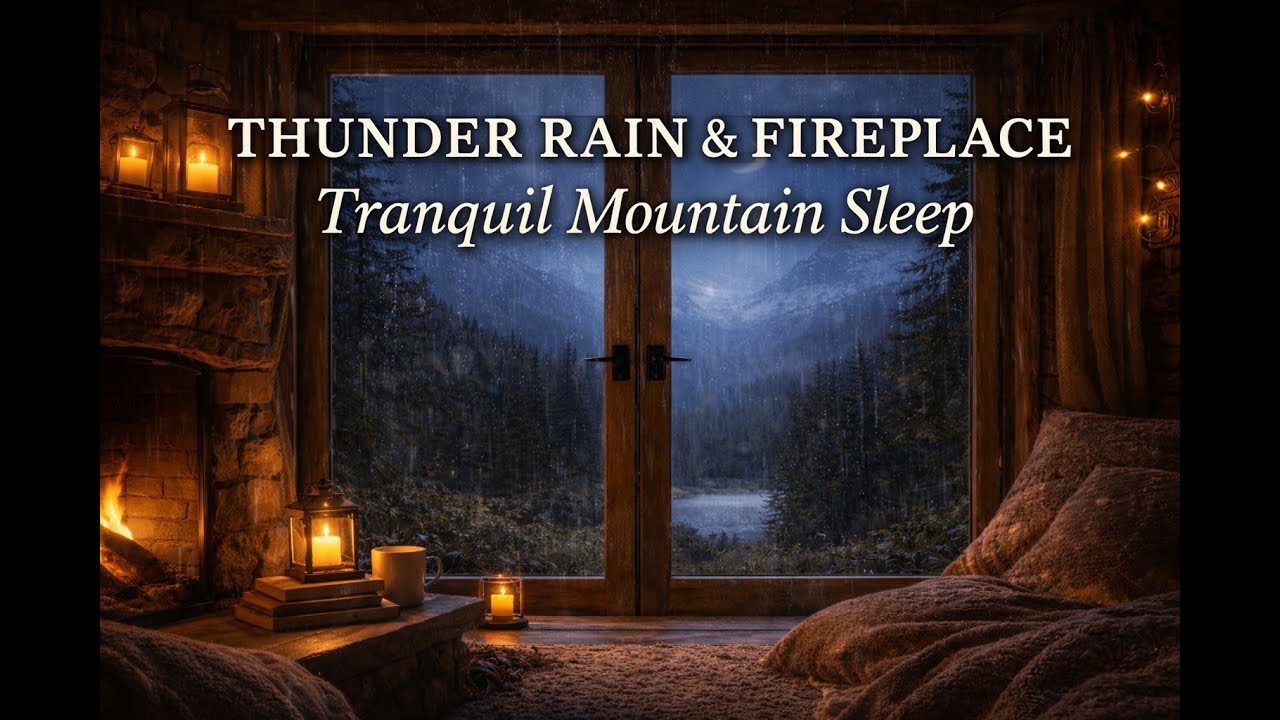🌙 Tranquil Mountain Night Sleep | Thunder Rain & Fireplace Sounds