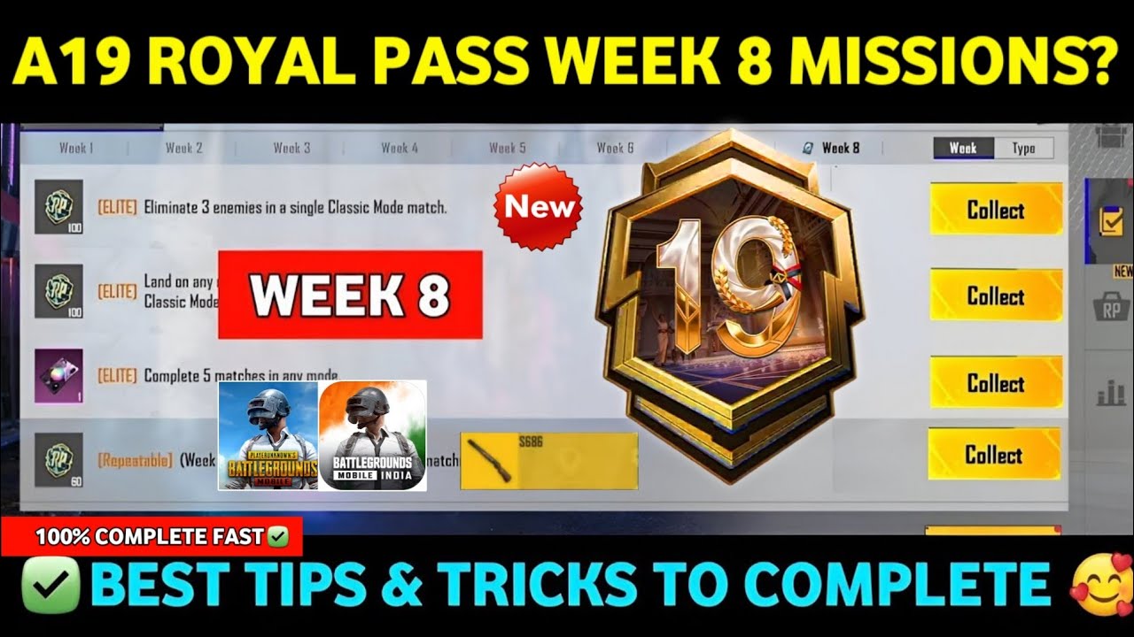 A19 WEEK 8 MISSION🔥PUBG WEEK 8 MISSION🔥A19 ROYAL PASS Week 8 Mission | Pubg Mobile c10s30