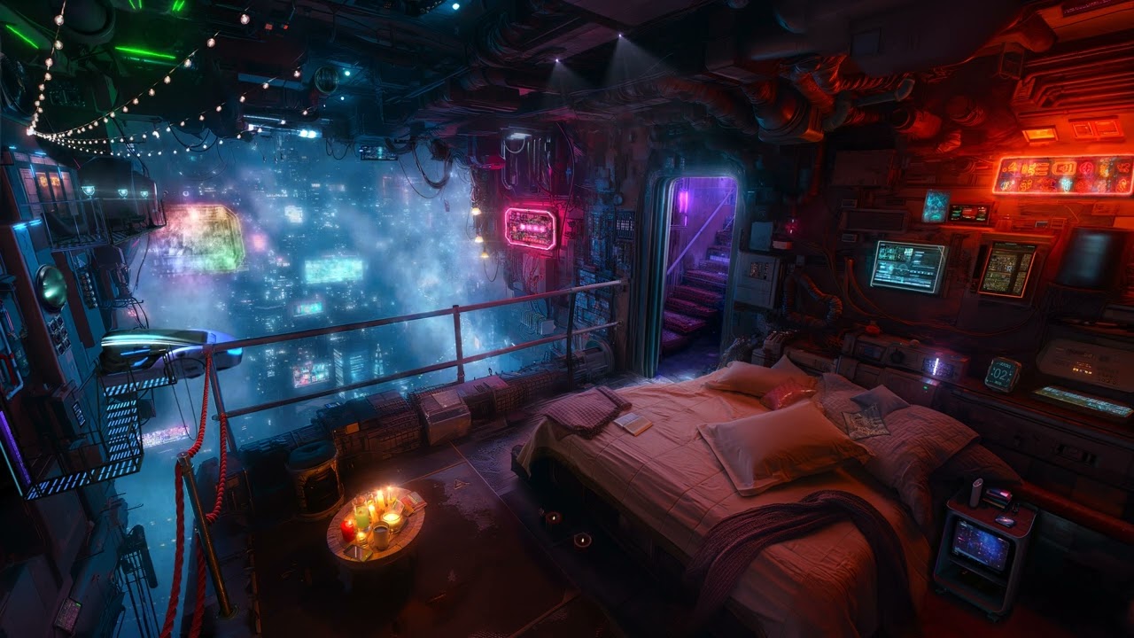 🎵 Secret Alcove Haven over Cyberpunk City: Rain and Ambient Music | Life in a Skyrise | 4K | 10 hrs