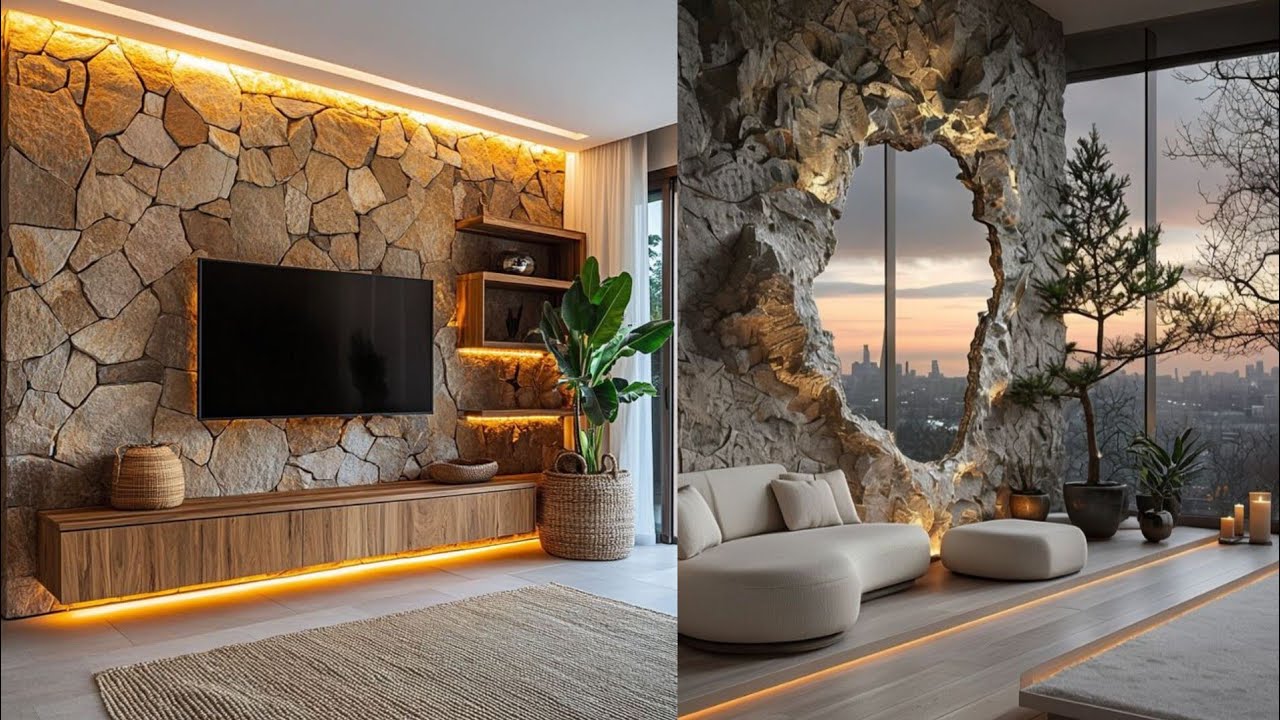 2025 Living room stone wall design || Mordern feature wall cladding  and rustic Accent Ideas in USA