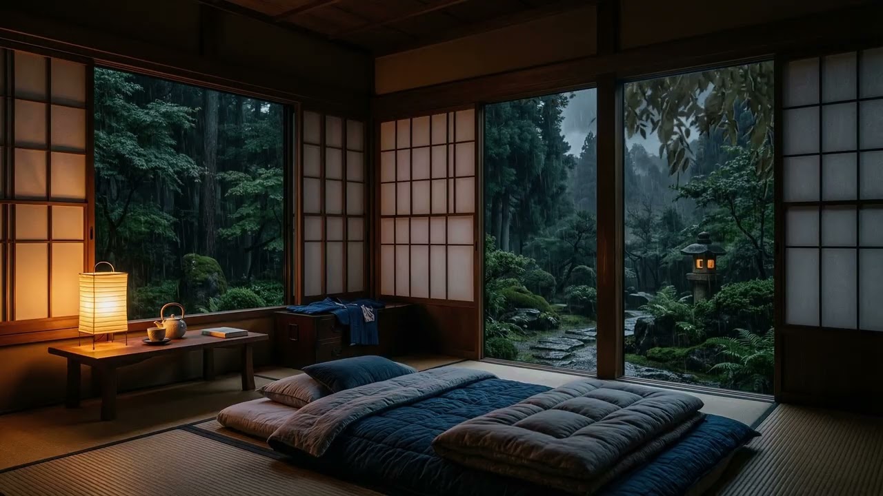 Soft Rain 🌦️ Along A Traditional Japanese Wooden Street While Lanterns 🏮 Glow In Mist