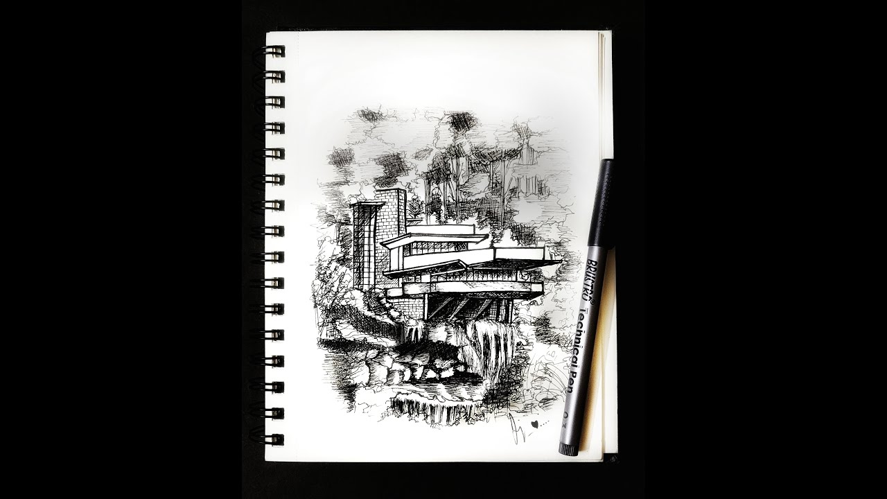 How to draw a House-The Falling water house-Frank Lloyd Wright-Famous Architecture-Draw Fallingwater