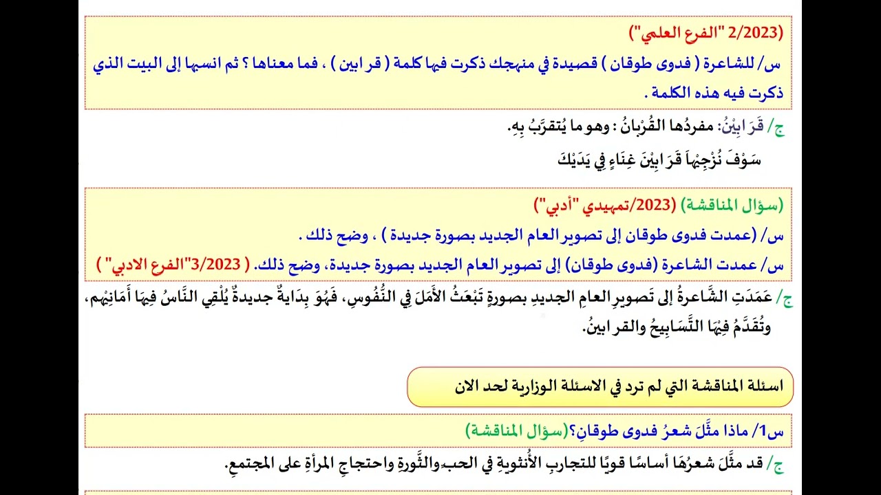 وزاريات الادب والنصوص للسادس الاعدادي 2024/  موضوع فدوى طوقان