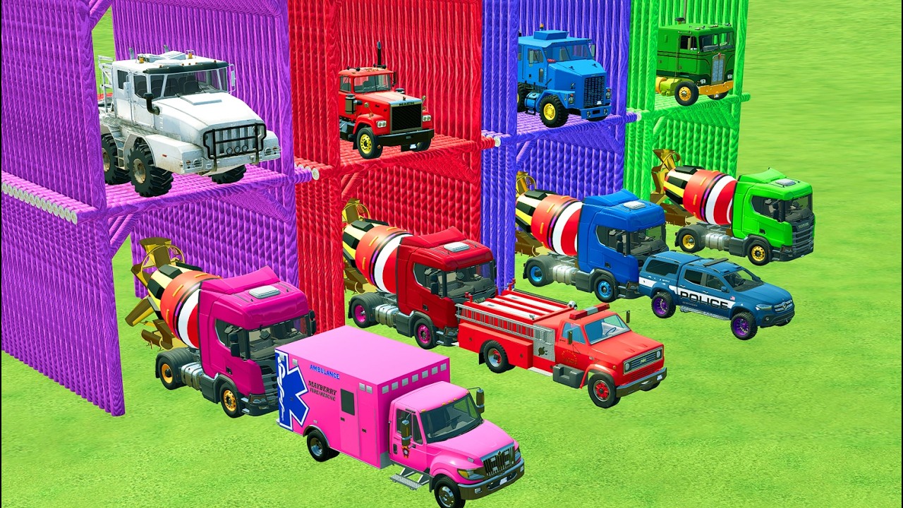 TRANSPORTING POLICE CARS, AMBULANCE, FIRE TRUCK, COLORFUL CARS WITH TRUCK -FARMING SIMULATOR 22!