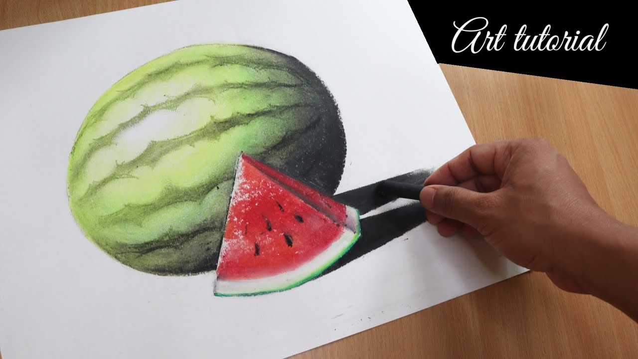 Drawing and coloring WATERMELON by oil pastels | Art tutorial for school students | Real time video