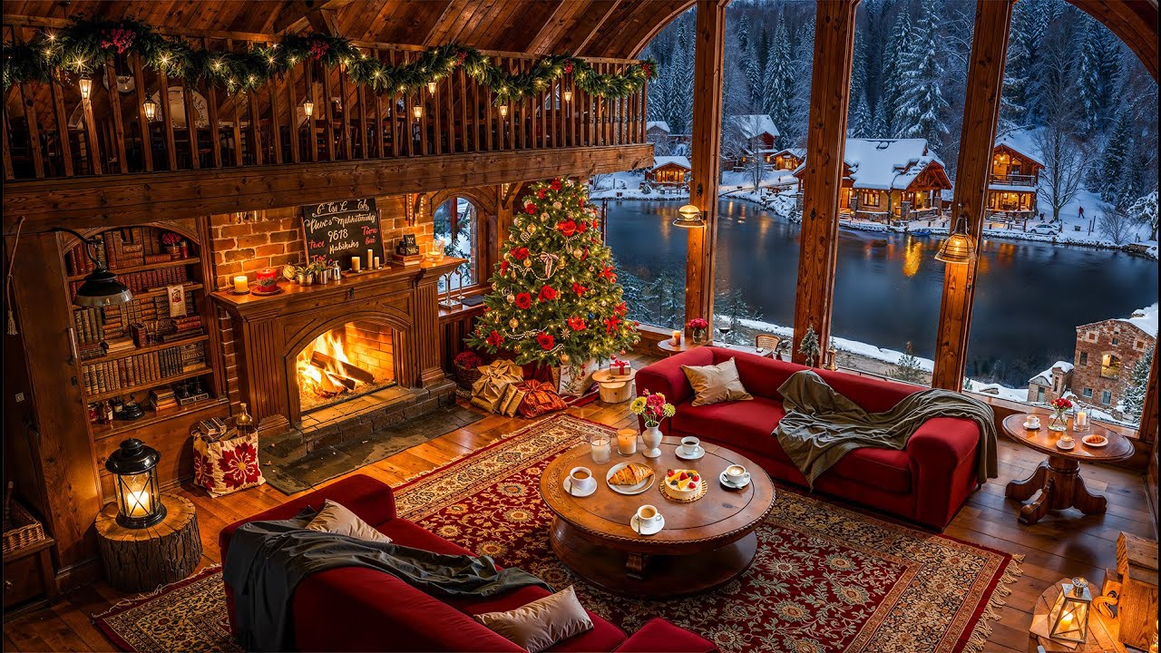 Cozy Winter Coffee Shop by the Lake ☕ Fireplace & Smooth Jazz Music for Work, Study & Relax