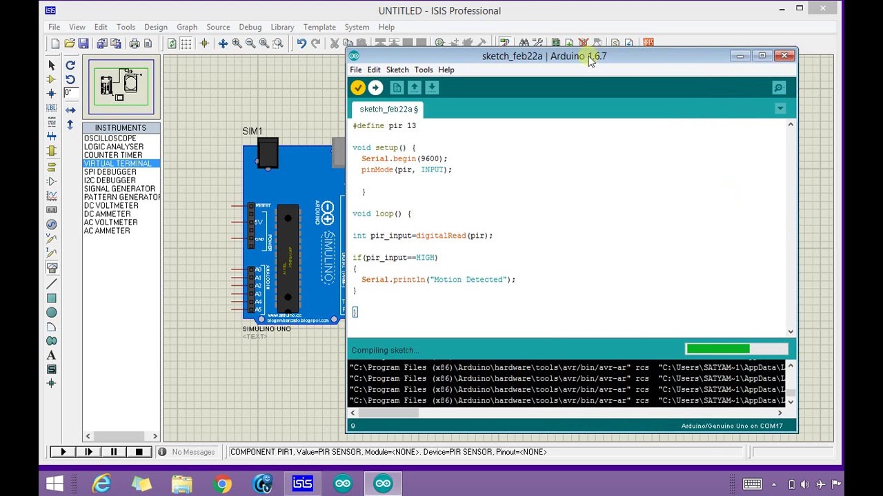 Pir sensor + arduino simulation in proteus