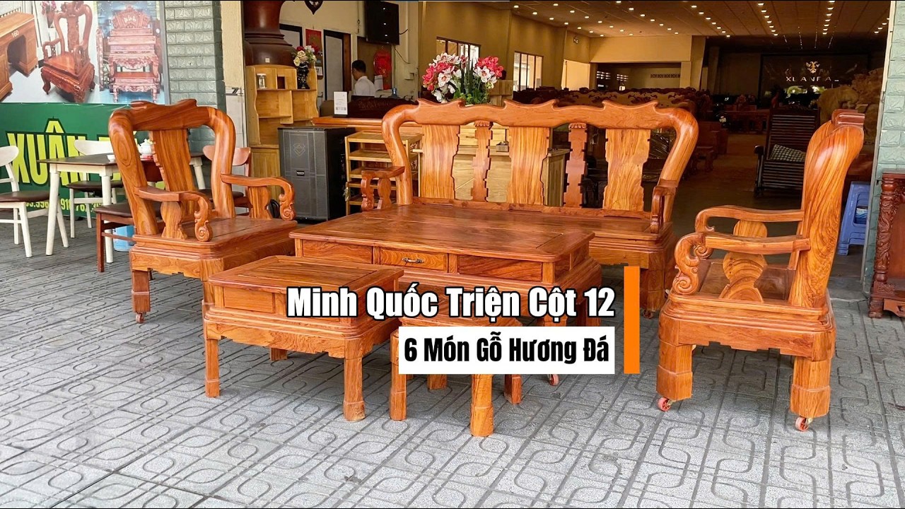 Bộ Bàn Ghế Minh Quốc Triện Cột 12 Gỗ Hương Đá Đẹp Thế Này Ai Mà Không Thích?