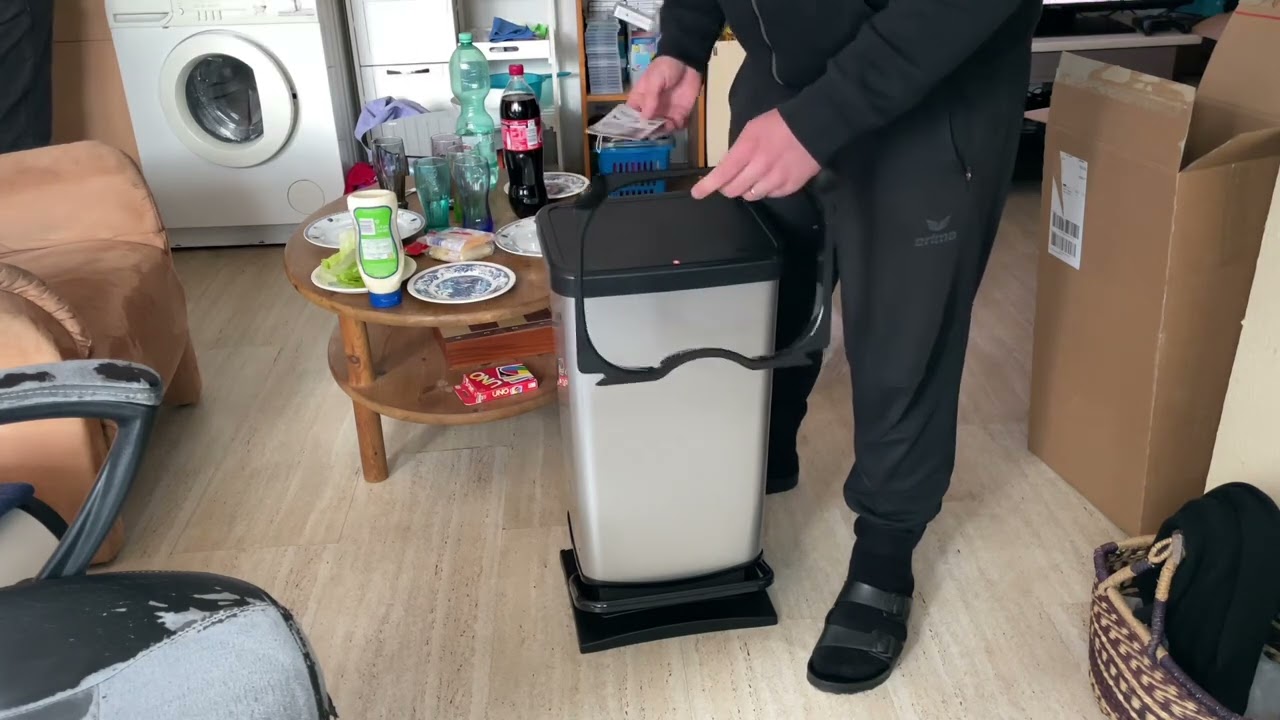 Rotho Paso Waste Bin/Trash bin 40 Liter with pedal activated lid unboxing and instructions