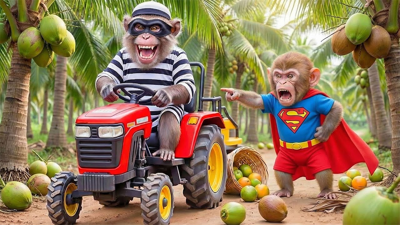 💥🌴 Stealing Coconuts in Broad Daylight! Masked Monkey Driving a Tractor Caught!