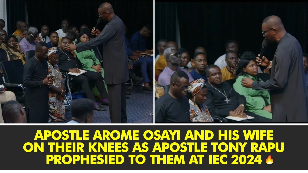 APOSTLE AROME OSAYI AND HIS WIFE ON THEIR KNEES AS APOSTLE TONY RAPU PROPHESIED TO THEM AT IEC 2024