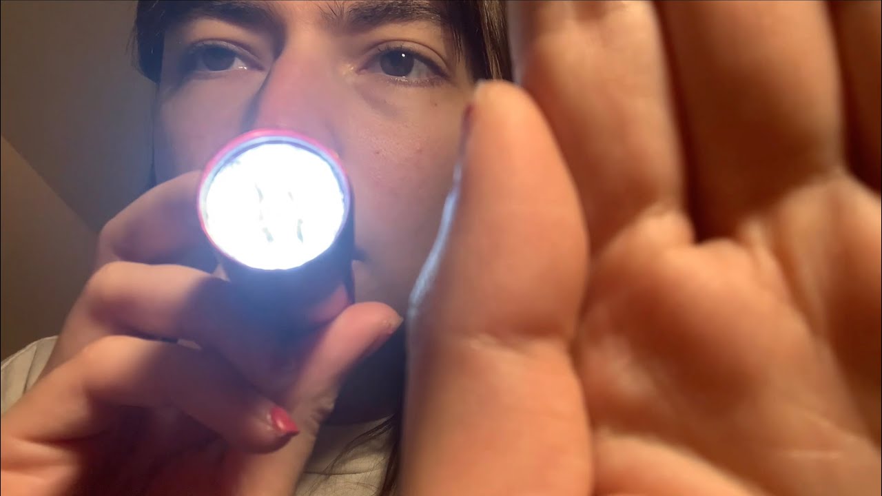 ASMR eye/face exam: flashlight, whisper, follow instructions, read description