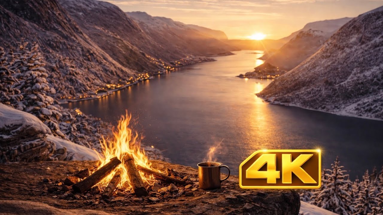 Cozy Winter Campfire by the Fjord ❄️ Warm Fire & Relaxing Evening Ambience 4K