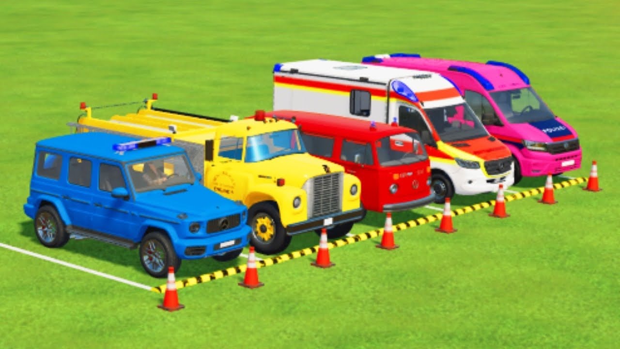 TRANSPORTING CARS, AMBULANCE, POLICE CARS, FIRE TRUCK, MONSTER TRUCK OF COLORS! WITH TRUCKS! - FS 22