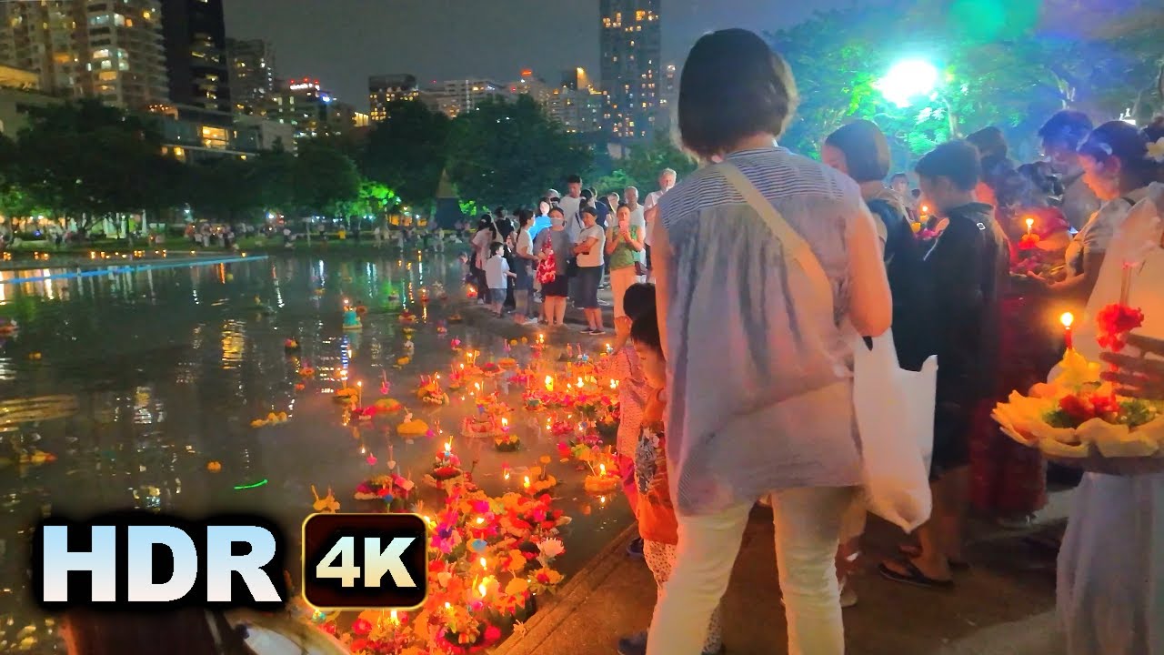 HDR 4K //  Loy krathong Festival in Bangkok  Benchasiri Park  วันลอยกระทง  -  Virtual Walk Thailand