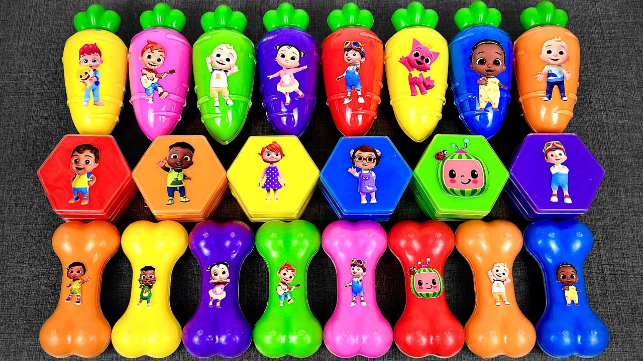 ASMR Slime With Cocomelon & Pinkfong Stickers | Surprise Inside Carrot and Bone Slime