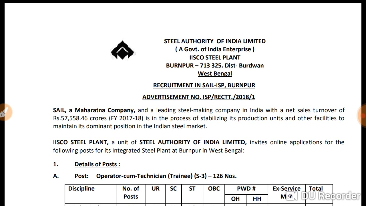 SAIL recruitment 2018 total 156 post