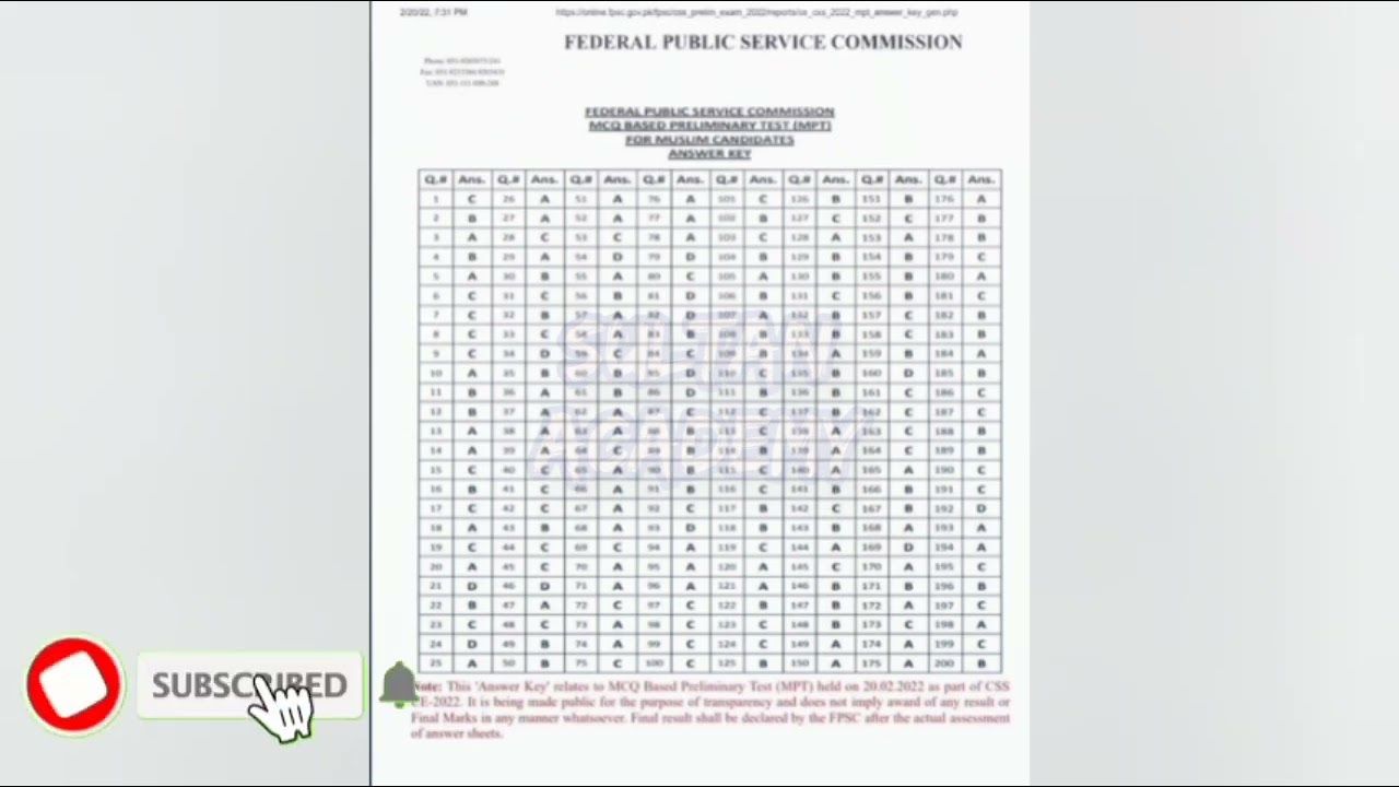 Answer key| CSS MPT 2022 |FPSC | 20 feb 2022