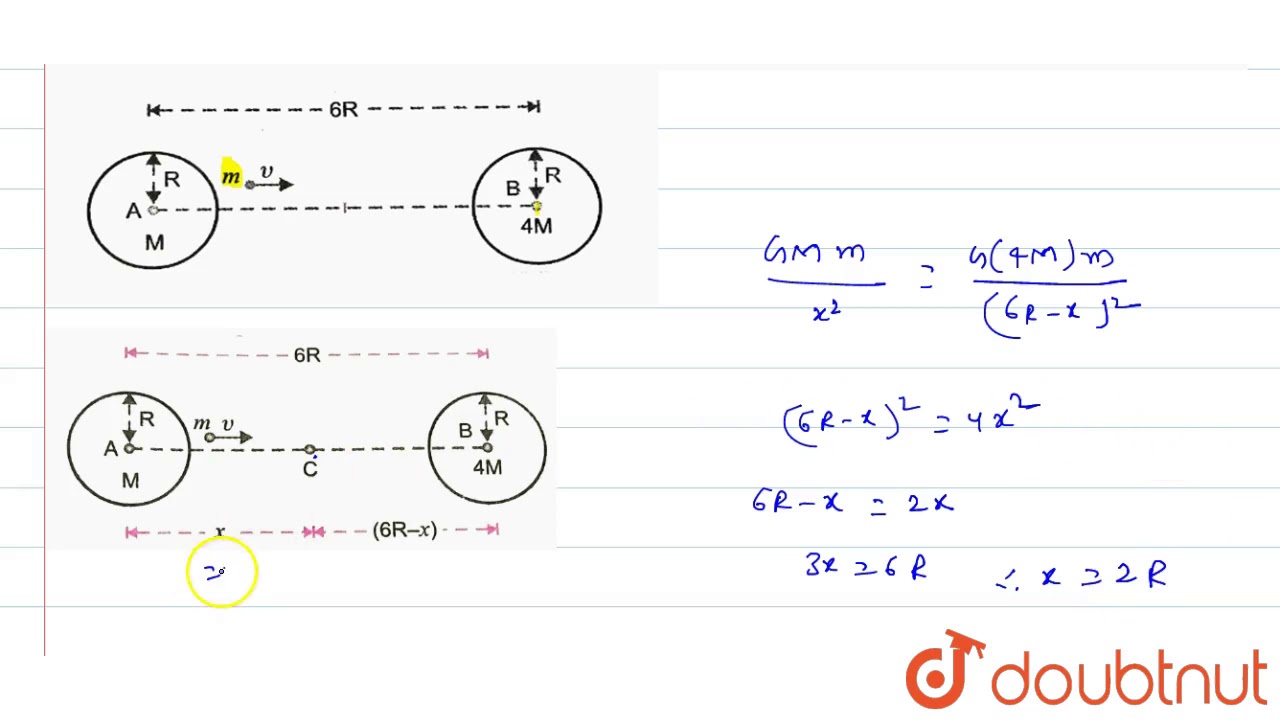 Two uniform soild spheres of equal radii `R` but mass `M` and `4M` have a centre to centre separ...