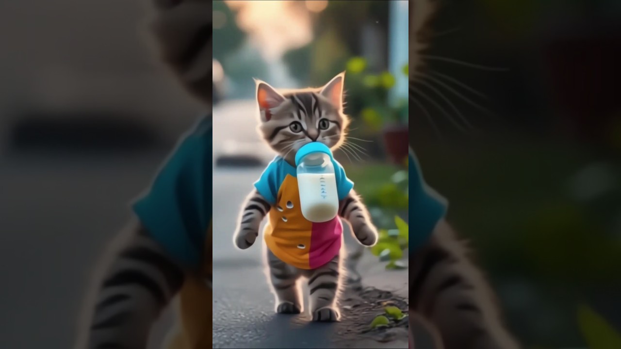 Cute Cat drinking milk in baby feeding bottle and walking #cat #catlovers #viralshort