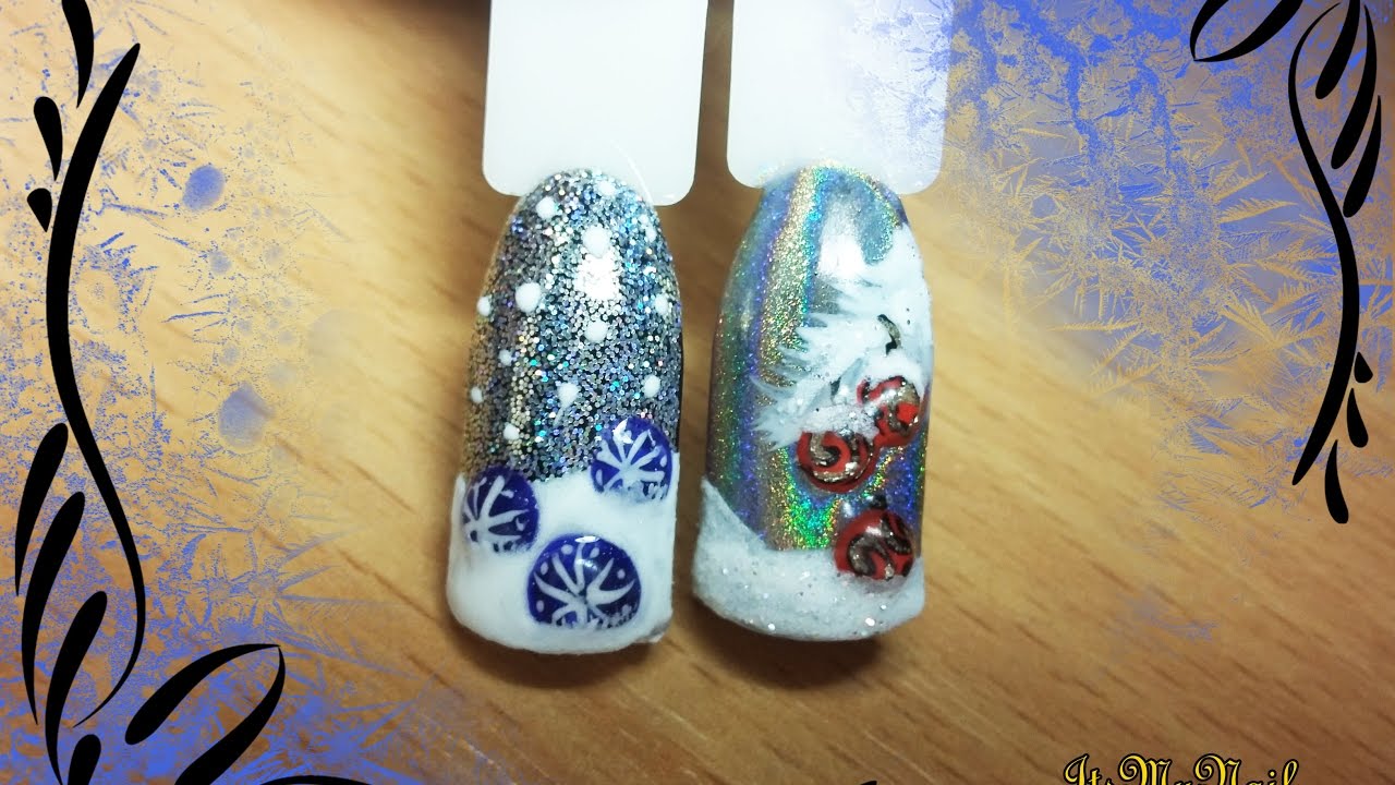 Новогодний дизайн ногтей гель лак nail design Shellac   Шарики в снегу