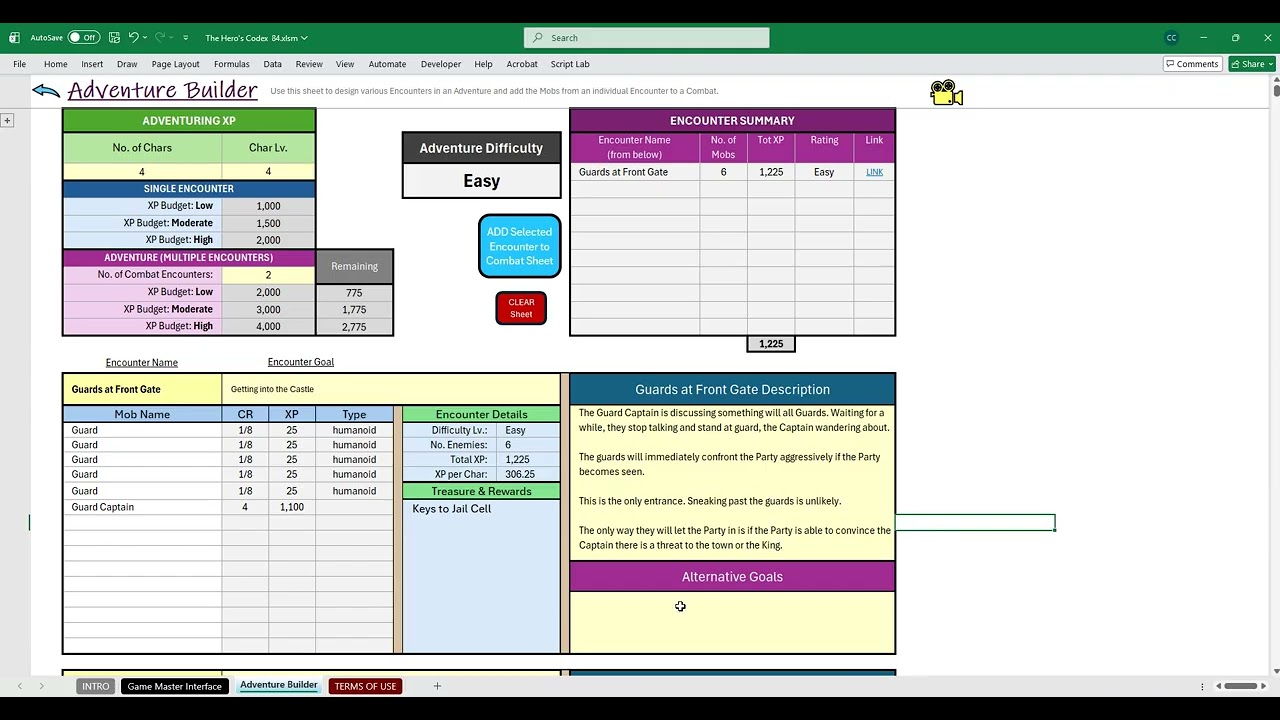 DnD Excel Tool: Hero's Codex Tool - ADVENTURE BUILDER