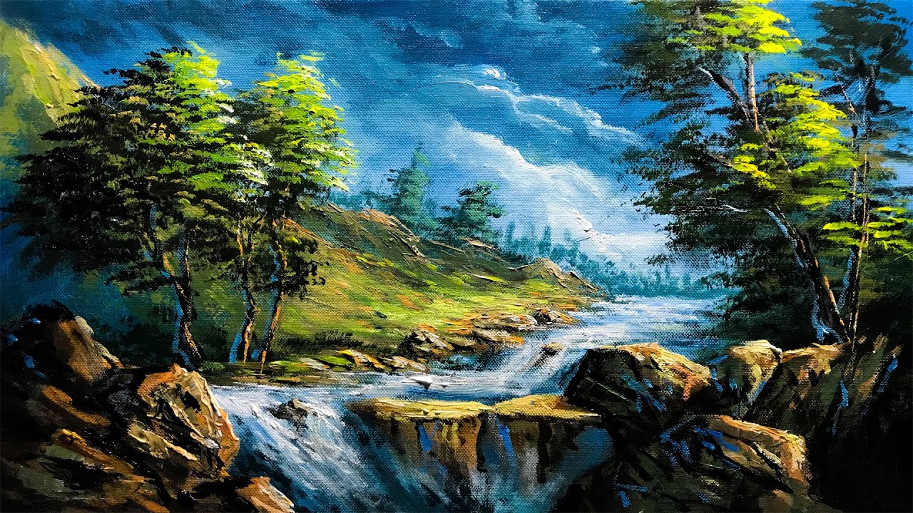 Forest River Painting | Easy Forest River Landscape Painting Tutorial By Nepali Artist - Art Candy
