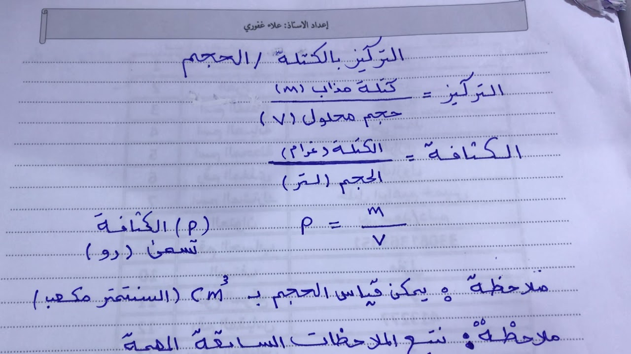 مسائل التركيز الفصل الرابع كيمياء ثالث متوسط