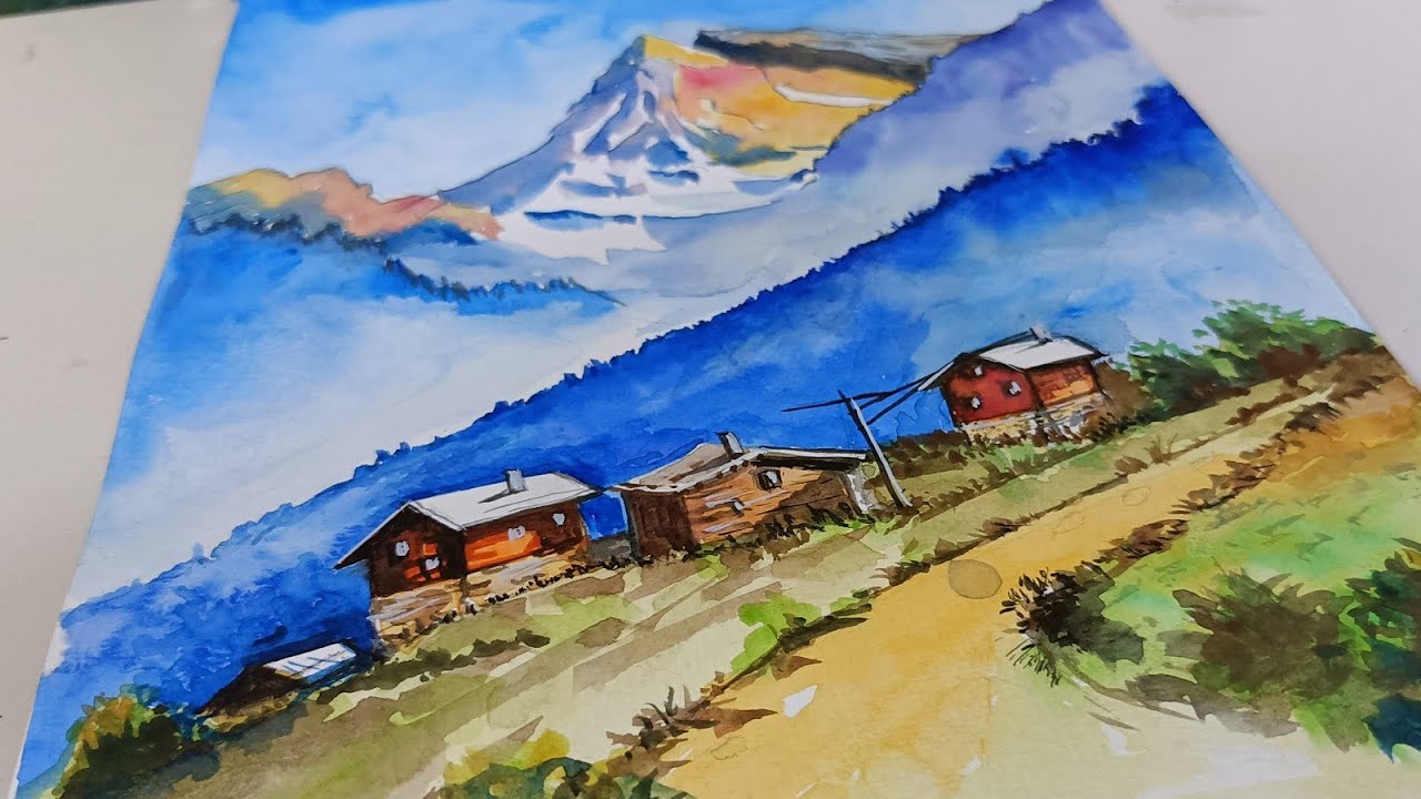 A village under the mountains ll Easy  painting ll watercolour painting tutorial 