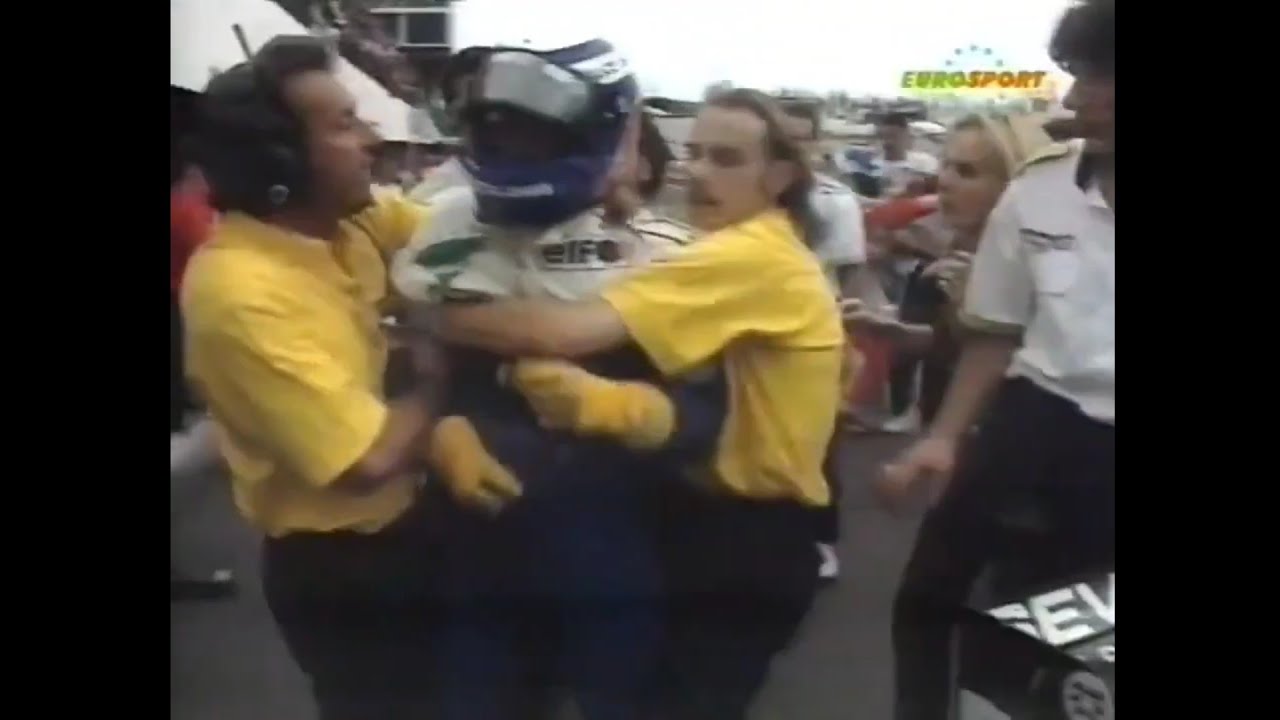 F3000: Olivier Panis tries to fight Vincenzo Sospiri