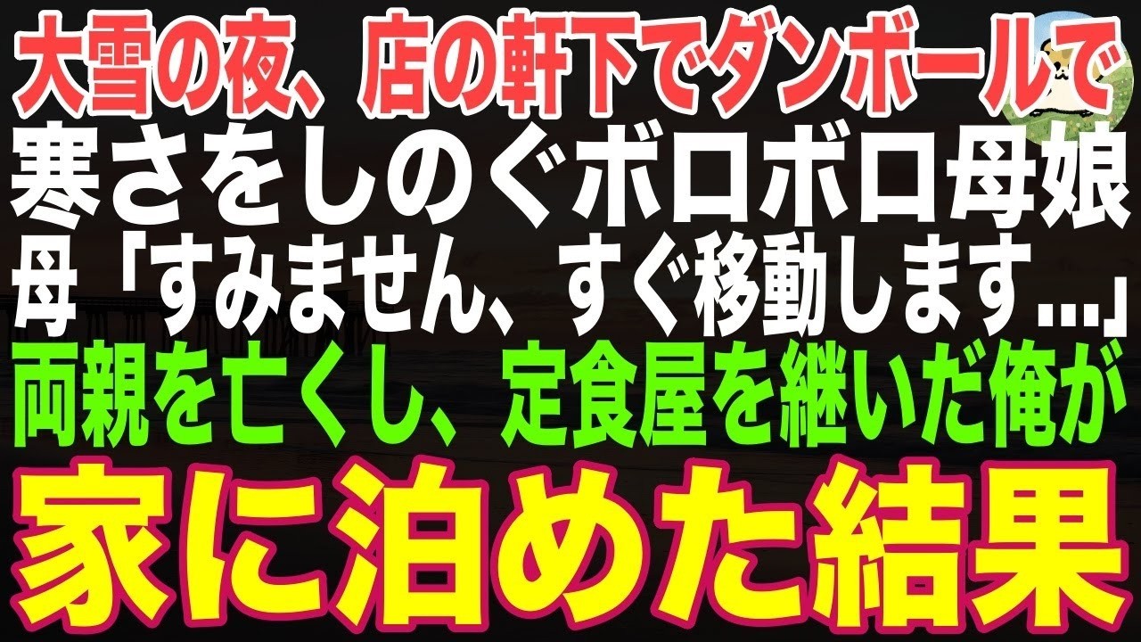 【感動する話】大雪の日、俺の店の軒下でダンボールで寒さをしのぐボロボロの母娘「すみません、すぐどこかに移りますので…」→両親を亡くし、定食屋を営む俺が、家に泊めた結果【朗読・スカッと】