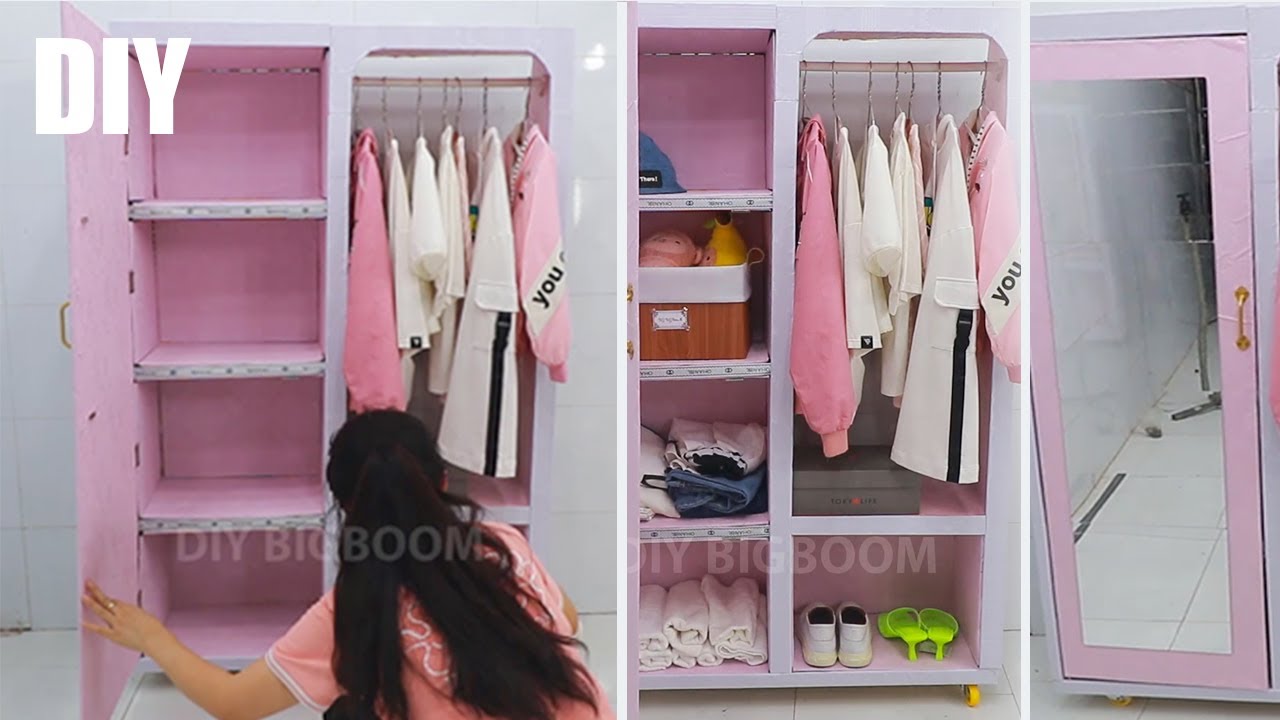 DIY Wardrobe with a Large Mirror and Lots of Storage from Fruit Crates