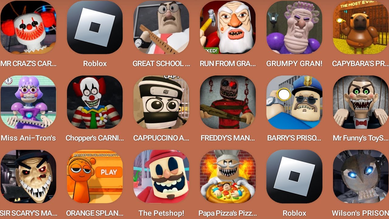 Roblox:MR CRAZY'S CARNIVAL!,GREAT SCHOOL,RUN FROM GRANDPA!,GRUMPY GRAN!,Miss Ani-Tron's Detention!